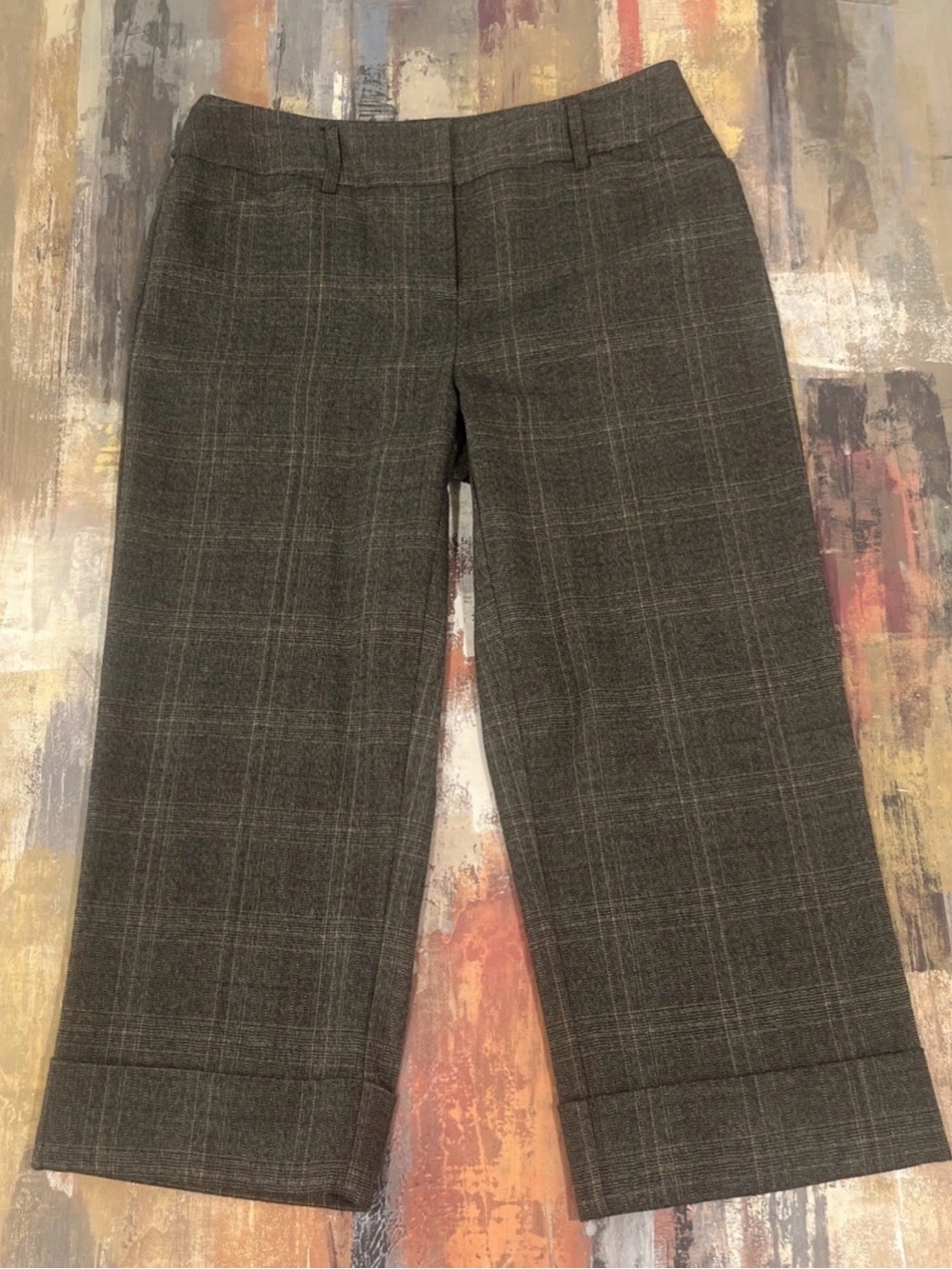 Apt. 9 Ava Plaid Dress Crop Pants Brown Size 8 Wide Leg Cuffed Trouser Capri